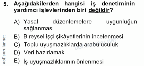 5. soru: Aşağıdakilerden hangisi iş denetiminin yardımcı işlevlerinden biri değildir? A) Yasal düzenlemelere uygunlugun sağlan…