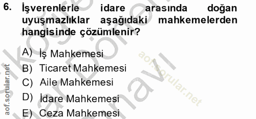 6. soru: Işverenlerle idare arasında dogan uyuşmazlıklar aşağıdaki mahkemelerden hangisinde çözümlenir? A) İş Mahkemesi B) Tic…