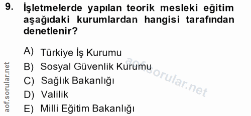 9. soru: İşletmelerde yapılan teorik mesleki eğitim aşağıdaki kurumlardan hangisi tarafından denetlenir? A) Türkiye İş Kurumu…