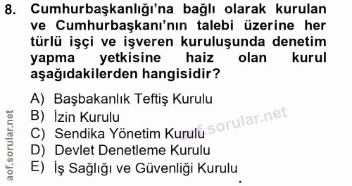 8. soru: Cumhurbaşkanlığı'na bağlı olarak kurulan ve Cumhurbaşkanı'nın talebi üzerine her türlü işçi ve işveren kuruluşunda de…