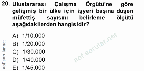 20. soru: Uluslararası Çalışma Orgütü'ne göre gelişmiş bir ülke için işyeri başına düşen müfettiş sayısını belirleme olçütü aşa…