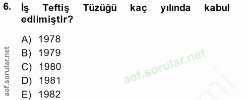 6. soru: Iş Teftiş Tüzüğü kaç yılında kabul edilmiştir? A) 1978 B) 1979 C) 1980 D) 1981 E) 1982