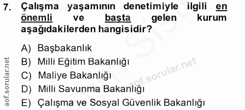 7. soru: Çalışma yaşamının denetimiyle ilgili en önemli ve basta gelen kurum aşağıdakilerden hangisidir? A) Başbakanlık B) Mil…