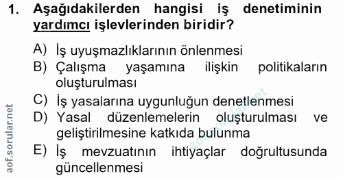 1. soru: Aşağıdakilerden hangisi iş denetiminin yardımcı işlevlerinden biridir? A) İş uyuşmazlıklarının önlenmesi B) Çalışma y…
