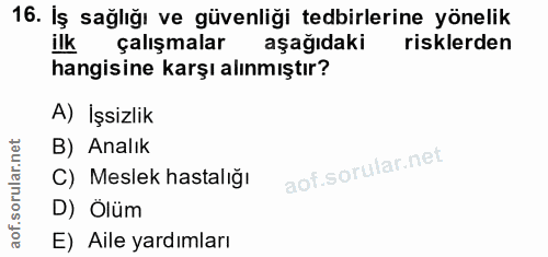 16. soru: İş sağlığı ve güvenliği tedbirlerine yönelik ilk çalışmalar aşağıdaki risklerden hangisine karşı alınmıştır? A) İşsiz…