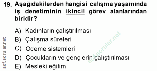 19. soru: Aşağıdakilerden hangisi çalışma yaşamında iş denetiminin ikincil görev alanlarından biridir? A) Kadınların çalıştırıl…