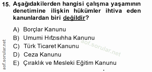 15. soru: Aşağıdakilerden hangisi çalışma yaşamının denetimine ilişkin hükümler ihtiva eden kanunlardan biri değildir? A) Borçl…