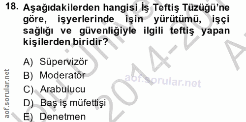 18. soru: Aşağıdakilerden hangisi İş Teftiş Tüzüğü'ne göre, işyerlerinde işin yürütümü, işçi sağlığı ve güvenliğiyle ilgili tef…