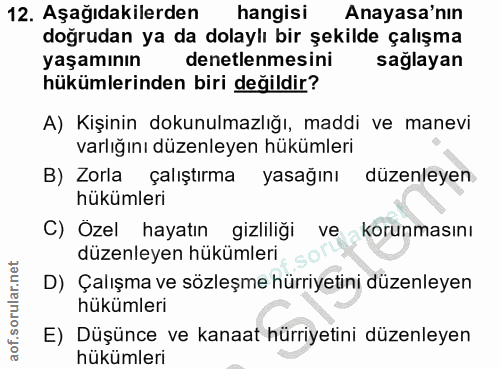 12. soru: Aşağıdakilerden hangisi| Anayasa'nın doğrudan ya da dolaylı bir şekilde çalışma yaşamının denetlenmesini sağlayan hük…