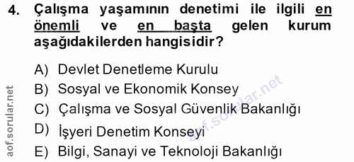 4. soru: Çalışma yaşamının denetimi ile ilgili en önemli ve en başta gelen kurum aşağıdakilerden hangisidir? A) Devlet Denetle…
