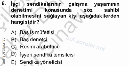 6. soru: Işçi sendikalarının çalışma yaşamının denetimi konusunda söz sahibi olabilmesini sağlayan kişi aşağıdakilerden hangis…
