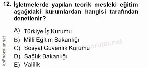 12. soru: İşletmelerde yapılan teorik mesleki eğitim aşağıdaki kurumlardan hangisi tarafından denetlenir? A) Türkiye İş Kurumu…