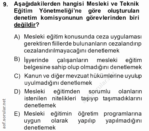 9. soru: Aşağıdakilerden hangisi Mesleki ve Teknik Eğitim Yönetmeliği'ne göre oluşturulan denetim komisyonunun görevlerinden b…