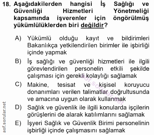 18. soru: Aşağıdakilerden hangisi iş Sağlığı ve Güvenliği Hizmetleri Yönetmeliği kapsamında işverenler için öngörülmüş yükümlül…