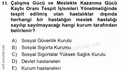 11. soru: Çalışma Gücü ve Meslekte Kazanma Gücü Kaybı Oranı Tespit İşlemleri Yönetmeliğinde tespit edilmiş olan hastalıklar dış…