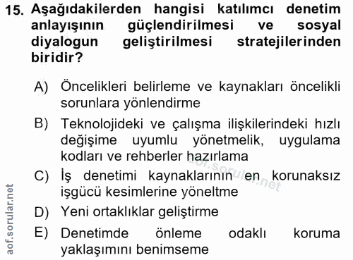 15. soru: Aşağıdakilerden hangisi katılımcı denetim anlayışının güçlendirilmesi ve sosyal diyalogun geliştirilmesi stratejileri…