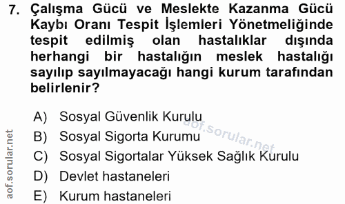 7. soru: Çalışma Gücü ve Meslekte Kazanma Gücü Kaybı Oranı Tespit İşlemleri Yönetmeliğinde tespit edilmiş olan hastalıklar dış…