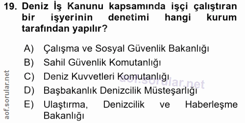 19. soru: Deniz İş Kanunu kapsamında işçi çalıştıran bir işyerinin denetimi hangi kurum tarafından yapılır? A) Çalışma ve Sosya…