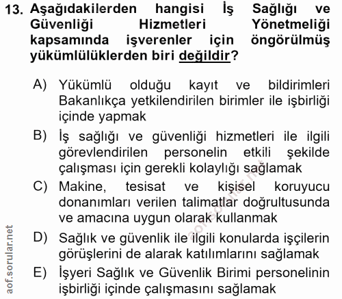 13. soru: Aşağıdakilerden hangisi İş Sağlığı ve Güvenliği Hizmetleri Yönetmeliği kapsamında işverenler için öngörülmüş yükümlül…