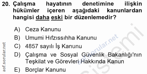 20. soru: Çalışma hayatının denetimine ilişkin hükümler içeren aşağıdaki kanunlardan hangisi daha eski bir düzenlemedir? A) Cez…
