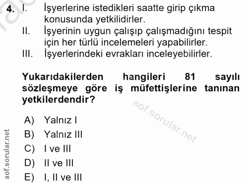 4. soru: İşyerlerine istedikleri saatte girip çıkma konusunda yetkilidirler. II. İşyerinin uygun çalışıp çalışmadığını tespit…