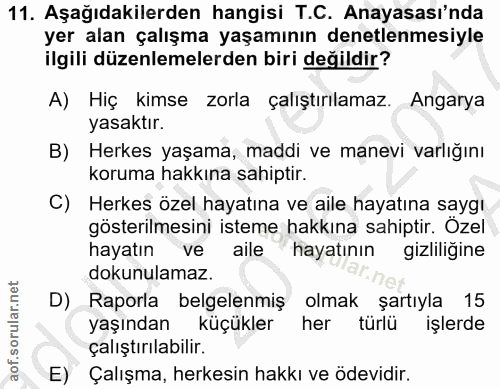 11. soru: Aşağıdakilerden hangisi T.C. Anayasası'nda yer alan çalışma yaşamının denetlenmesiyle ilgili düzenlemelerden biri değ…