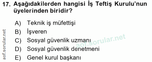 17. soru: Aşağıdakilerden hangisi İş Teftiş Kurulu'nun üyelerinden biridir? A) Teknik iş müfettişi B) İşveren C) Sosyal güvenli…