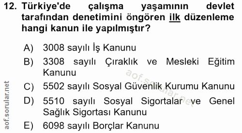 12. soru: Türkiye'de çalışma yaşamının devlet tarafından denetimini öngören ilk düzenleme hangi kanun ile yapılmıştır? A) 3008…