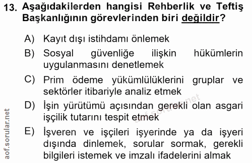 13. soru: Aşağıdakilerden hangisi Rehberlik ve Teftiş Başkanlığının görevlerinden biri değildir? A) Kayıt dışı istihdamı önleme…
