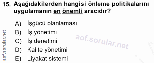 15. soru: Aşağıdakilerden hangisi önleme politikalarını uygulamanın en önemli aracıdır? A) işgücü planlaması B) İş yönetimi C)…