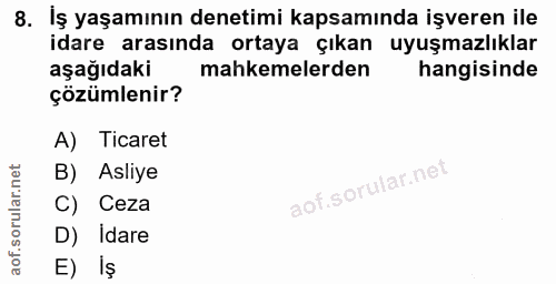 8. soru: İş yaşamının denetimi kapsamında işveren ile idare arasında ortaya çıkan uyuşmazlıklar aşağıdaki mahkemelerden hangis…