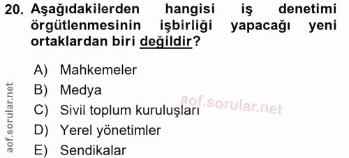 20. soru: Aşağıdakilerden hangisi iş denetimi örgütlenmesinin işbirliği yapacağı yeni ortaklardan biri değildir? A) Mahkemeler…