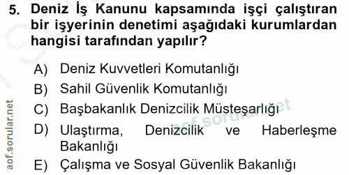 5. soru: Deniz Iş Kanunu kapsamında işçi çalıştıran bir işyerinin denetimi aşağıdaki kurumlardan hangisi tarafından yapılır? A…