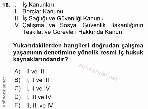18. soru: 1. Iş Kanunları II. Borçlar Kanunu III. İş Sağlığı ve Güvenliği Kanunu IV. Çalışma ve Sosyal Güvenlik Bakanlığının Te…