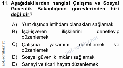 11. soru: Aşağıdakilerden hangisi Çalışma ve Sosyal Güvenlik Bakanlığının görevlerinden biri değildir? A) Yurt dışında istihdam…
