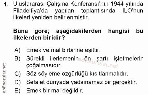 1. soru: Uluslararası Çalışma Konferansı'nın 1944 yılında Filadelfiya'da yapılan toplantısında ILO'nun ilkeleri yeniden belirl…