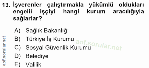 13. soru: İşverenler çalıştırmakla yükümlü oldukları engelli işçiyi hangi kurum aracılığıyla sağlarlar? B) Türkiye Iş Kurumu ao…