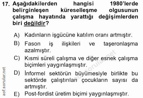 17. soru: Aşağıdakilerden hangisi 1980'lerde belirginleşen küreselleşme olgusunun çalışma hayatında yarattığı değişimlerden bir…