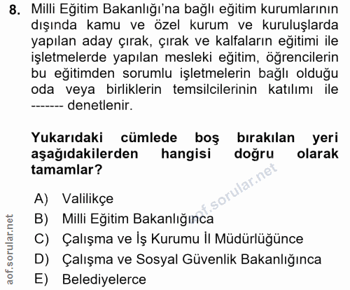 8. soru: Milli Eğitim Bakanlığı'na bağlı eğitim kurumlarının dışında kamu ve özel kurum ve kuruluşlarda yapılan aday çırak, çı…