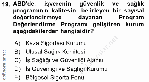 19. soru: ABD'de, işverenin güvenlik ve sağlık programının kalitesini belirleyen bir sayısal değerlendirmeye dayanan Program De…
