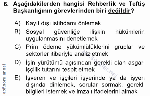 6. soru: Aşağıdakilerden hangisi Rehberlik ve Teftiş Başkanlığının görevlerinden biri değildir? A) Kayıt dışı istihdamı önleme…