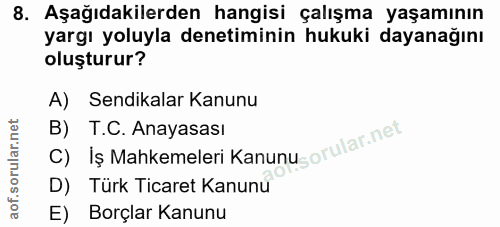 8. soru: Aşağıdakilerden hangisi çalışma yaşamının yargı yoluyla denetiminin hukuki dayanağını oluşturur? A) Sendikalar Kanunu…