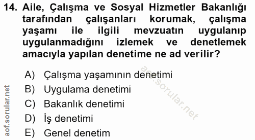 14. soru: Aile, Çalışma ve Sosyal Hizmetler Bakanlığı tarafından çalışanları korumak, çalışma yaşamı ile ilgili mevzuatın uygul…