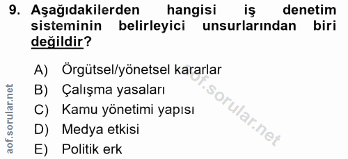 9. soru: Aşağıdakilerden hangisi denetim sisteminin belirleyici unsurlarından biri değildir? A) Örgütsel/yönetsel kararlar B)…