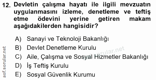 12. soru: Devletin çalışma hayatı ile ilgili mevzuatın uygulanmasını izleme, denetleme ve teftiş aşağıdakilerden hangisidir get…
