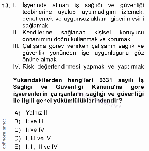 13. soru: I. İşyerinde alınan iş sağlığı ve güvenliği tedbirlerine uyulup uyulmadığını izlemek, denetlemek ve uygunsuzlukların…