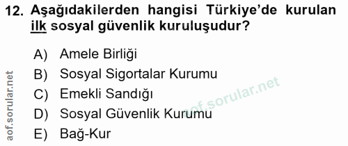 12. soru: Aşağıdakilerden hangisi Türkiye'de kurulan ilk sosyal güvenlik kuruluşudur? A) Amele Birliği B) Sosyal Sigortalar Kur…