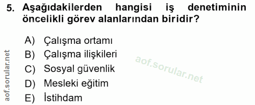 5. soru: Aşağıdakilerden hangisi iş denetiminin öncelikli görev alanlarından biridir? A) Çalışma ortamı B) Çalışma ilişkileri…