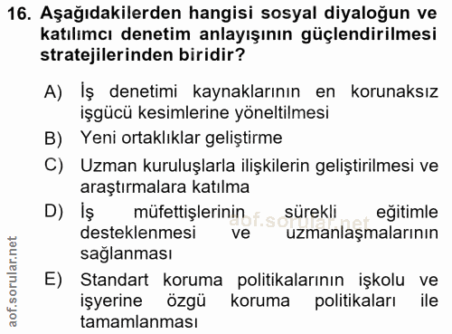 16. soru: Aşağıdakilerden hangisi sosyal diyaloğun ve katılımcı denetim anlayışının güçlendirilmesi stratejilerinden biridir? A…