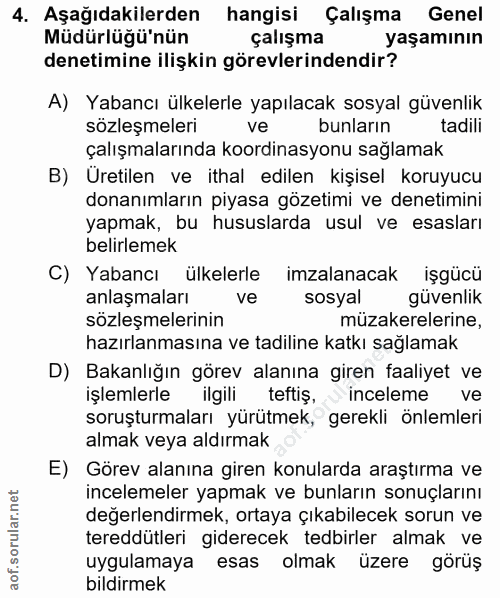 4. soru: Aşağıdakilerden hangisi Çalışma Genel Müdürlüğü'nün çalışma yaşamının denetimine ilişkin görevlerindendir? A) Yabancı…